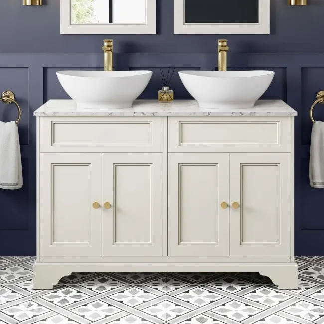 Lucia Chalk White Double Vanity with Marble Top & Oval Counter Top Basin 1200mm - Brushed Brass Accents
