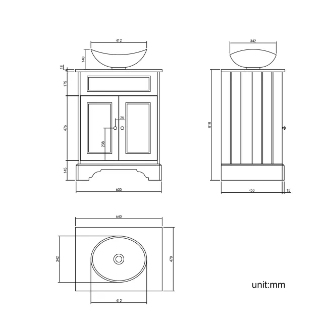 Lucia Graphite Grey Vanity with Oak Effect Top & Oval Counter Top Basin 640mm - Brushed Brass Accents