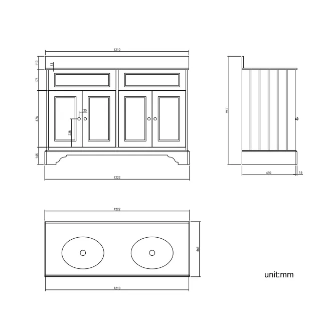 Lucia Graphite Grey Double Vanity with Marble Top & Undermount Basins 1200mm - Brushed Brass Accents