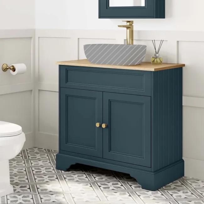 Lucia Inky Blue Cabinet with Oak Effect Top 840mm (Excludes Counter Top Basin) - Brushed Brass Accents