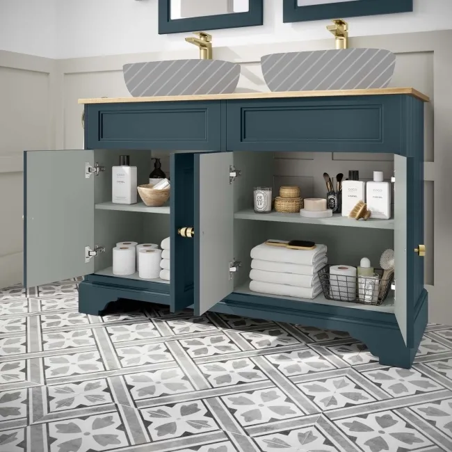 Lucia Inky Blue Cabinet with Oak Effect Top 1200mm (Excludes Counter Top Basins) - Brushed Brass Accents