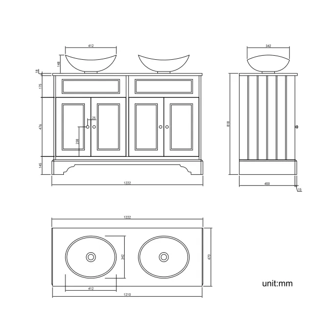 Lucia Inky Blue Double Vanity with Oak Effect Top & Oval Counter Top Basin 1200mm - Brushed Brass Accents