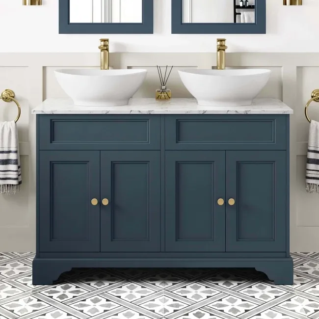 Lucia Inky Blue Double Vanity with Marble Top & Oval Counter Top Basin 1200mm - Brushed Brass Accents