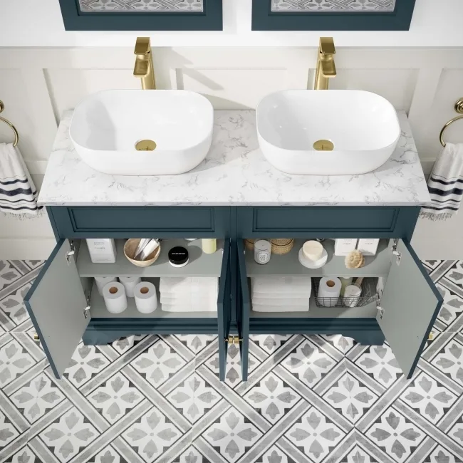Lucia Inky Blue Double Vanity with Marble Top & Curved Counter Top Basin 1200mm - Brushed Brass Accents