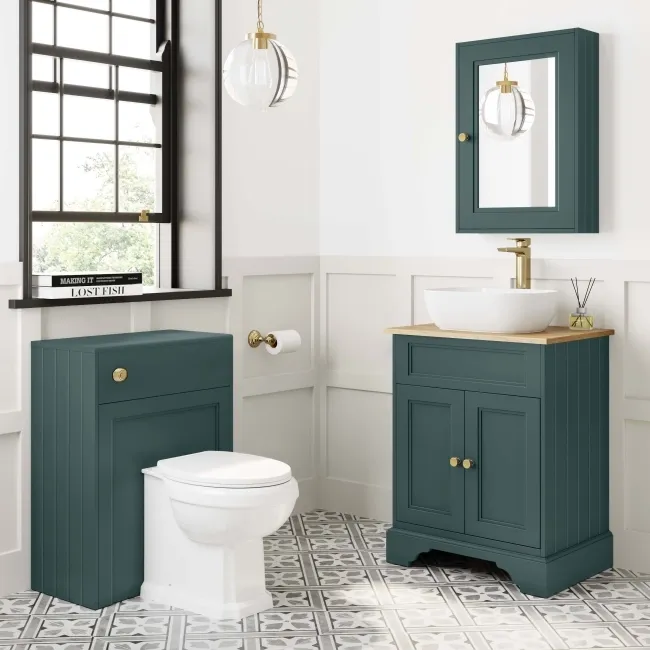 Lucia Midnight Green Vanity with Oak Effect Top & Curved Counter Top Basin 640mm - Brushed Brass Accents