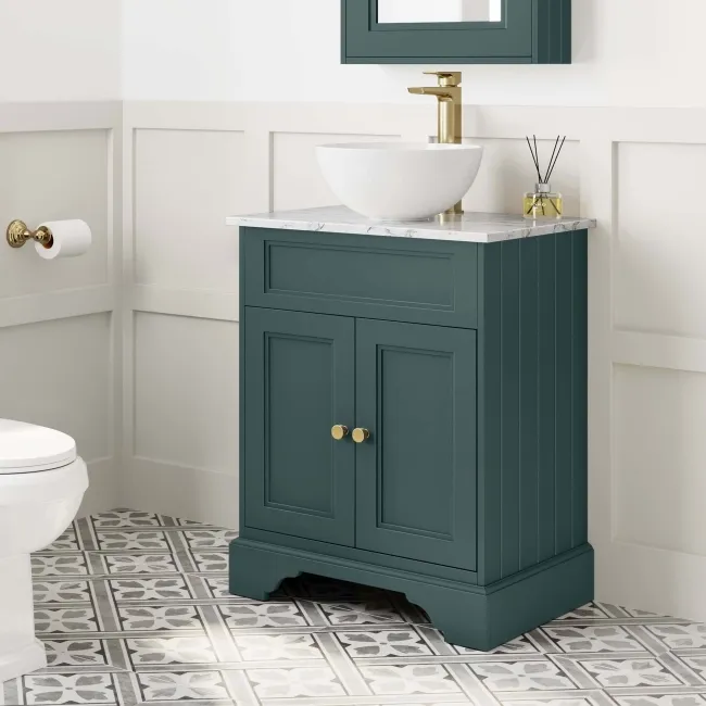 Lucia Midnight Green Vanity with Marble Top & Round Counter Top Basin 640mm - Brushed Brass Accents