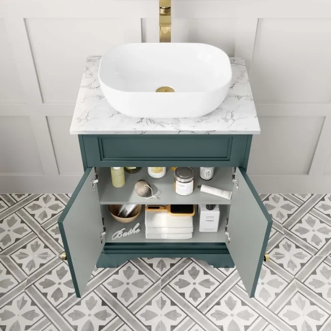 Lucia Midnight Green Vanity with Marble Top & Curved Counter Top Basin 640mm - Brushed Brass Accents