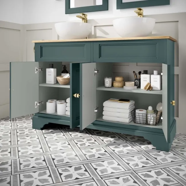 Lucia Midnight Green Double Vanity with Oak Effect Top & Round Counter Top Basin 1200mm - Brushed Brass Accents