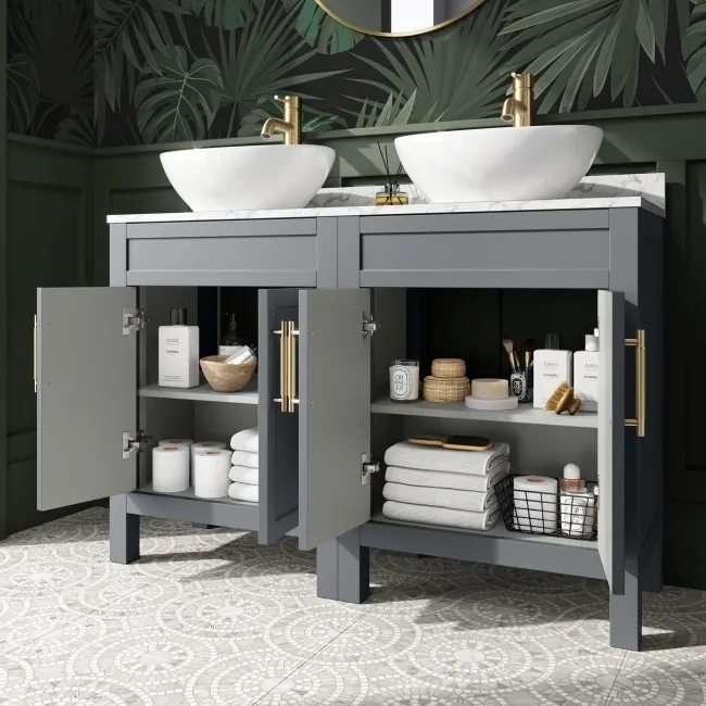 Bermuda Dove Grey Vanity with Marble Top & Oval Counter Top Basin 1200mm - Brass Knurled Handles