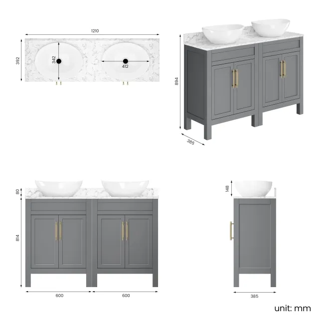 Bermuda Dove Grey Vanity with Marble Top & Oval Counter Top Basin 1200mm - Brass Knurled Handles