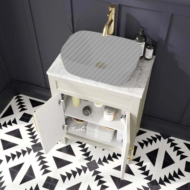 Bermuda Chalk White Cabinet with Marble Top 600mm - Excludes Counter Top Basin - Brass Knurled Handles