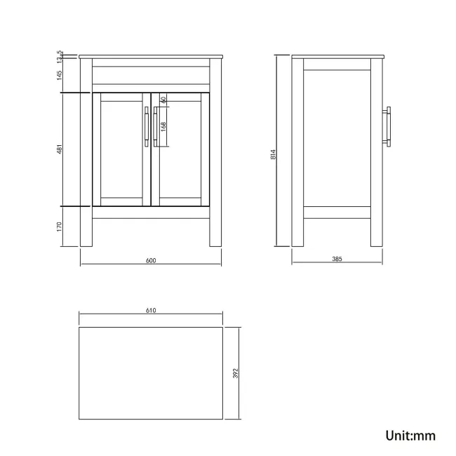 Bermuda Chalk White Cabinet with Marble Top 600mm - Excludes Counter Top Basin - Brass Knurled Handles