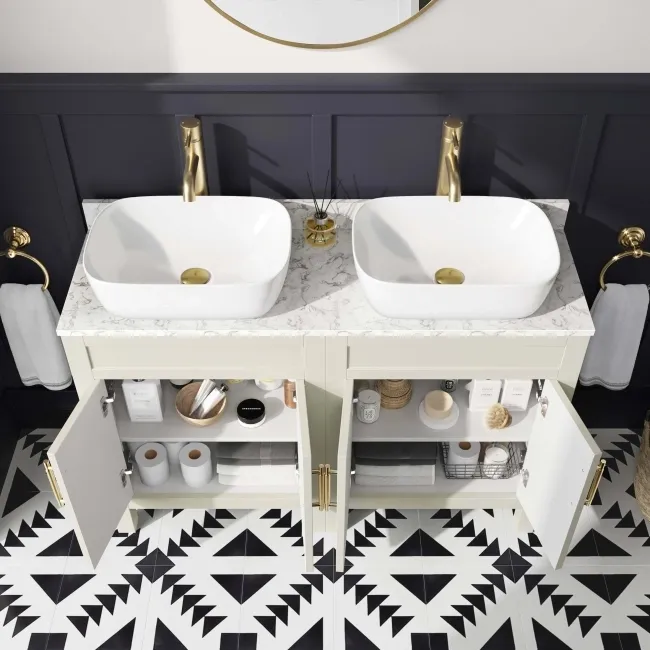 Bermuda Chalk White Vanity with Marble Top & Curved Counter Top Basin 1200mm - Brass Knurled Handles