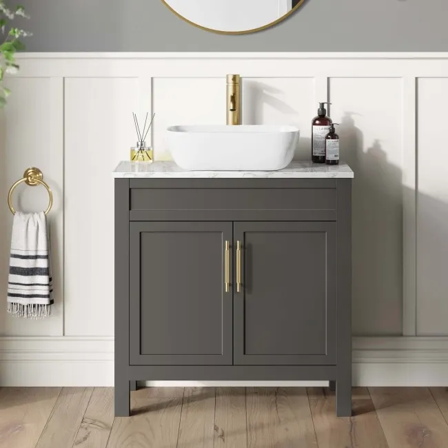 Bermuda Graphite Grey Vanity with Marble Top & Curved Counter Top Basin 800mm - Brass Knurled Handles