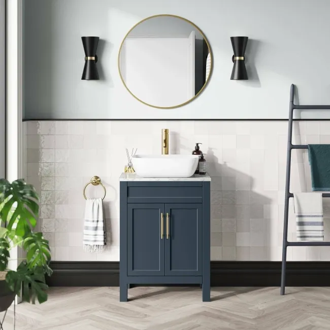 Bermuda Inky Blue Vanity with Marble Top & Curved Counter Top Basin 600mm - Brass Knurled Handles