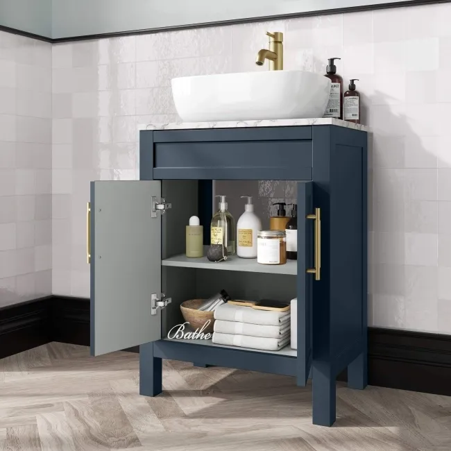 Bermuda Inky Blue Vanity with Marble Top & Curved Counter Top Basin 600mm - Brass Knurled Handles