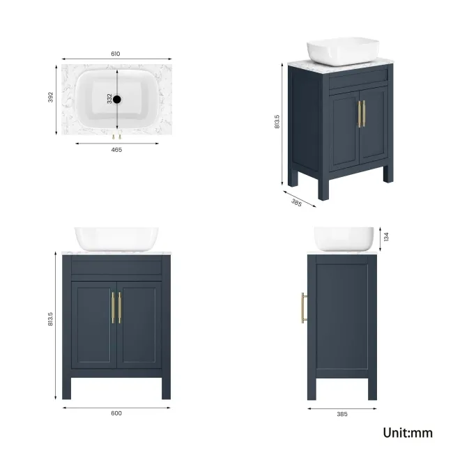 Bermuda Inky Blue Vanity with Marble Top & Curved Counter Top Basin 600mm - Brass Knurled Handles