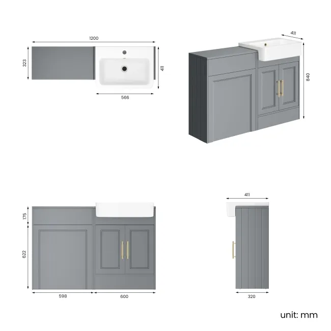 Monaco Dove Grey Basin Vanity and Back To Wall Toilet Unit 1200mm (Excludes Pan & Cistern) - Brass Knurled Handles