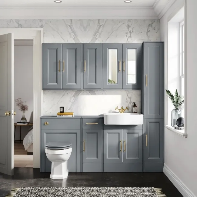 Monaco Dove Grey Combination Vanity Basin 1500mm (Excludes Pan & Cistern) - Brass Knurled Handles