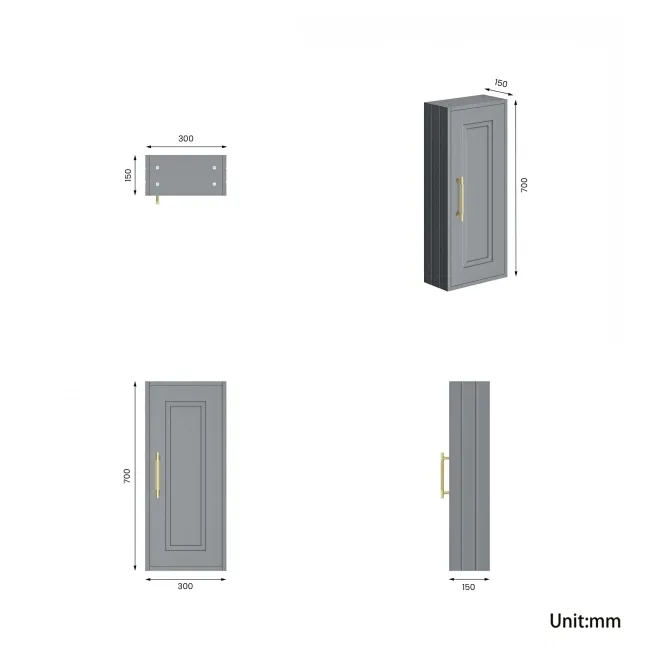 Dove Grey Wall Hung Cabinet 700x300mm - Brass Knurled Handles