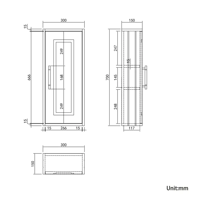 Dove Grey Wall Hung Cabinet 700x300mm - Brass Knurled Handles