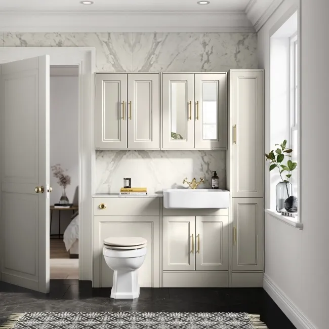 Monaco Chalk White Combination Vanity Basin with Marble Top 1200mm (Excludes Pan & Cistern) - Brass Knurled Handles