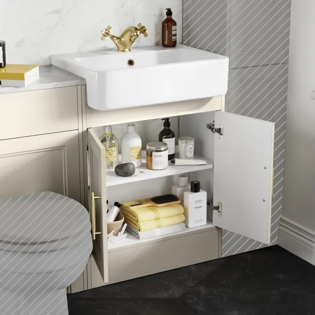 Monaco Chalk White Combination Vanity Basin with Marble Top 1200mm (Excludes Pan & Cistern) - Brass Knurled Handles