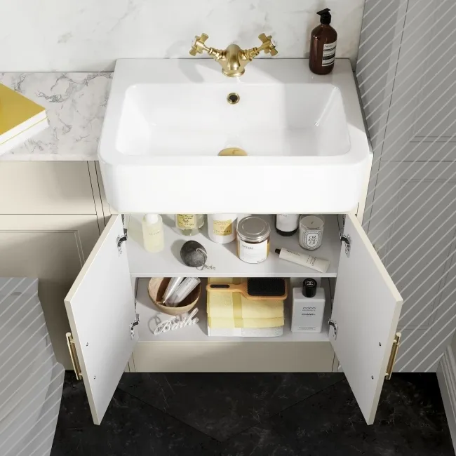 Monaco Chalk White Combination Vanity Basin with Marble Top 1200mm (Excludes Pan & Cistern) - Brass Knurled Handles