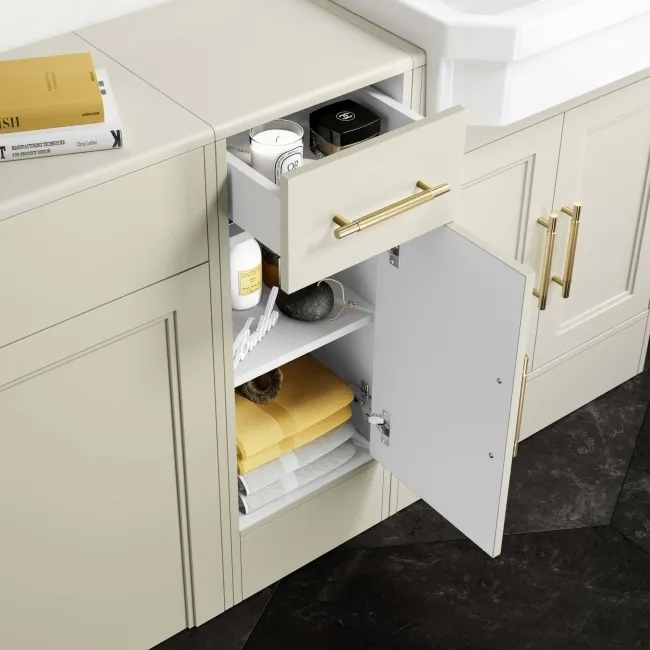 Monaco Chalk White Combination Vanity Traditional Basin 1500mm (Excludes Pan & Cistern) - Brass Knurled Handles