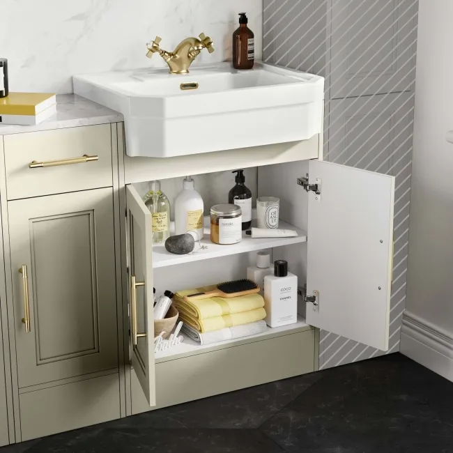 Monaco Chalk White Combination Vanity Traditional Basin with Marble Top 1500mm (Excludes Pan & Cistern) - Brass Knurled Handles
