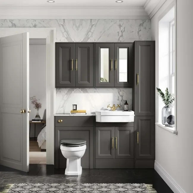 Monaco Graphite Grey Combination Vanity Traditional Basin with Marble Top 1200mm (Excludes Pan & Cistern) - Brass Knurled Handles