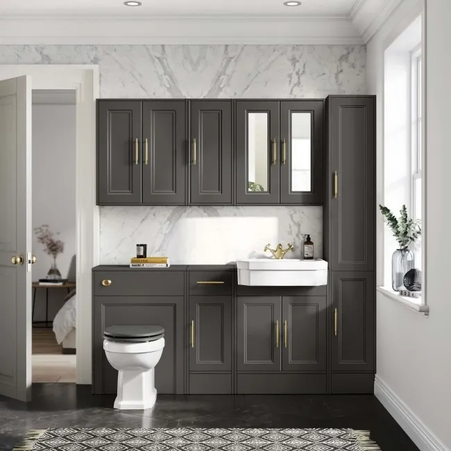 Graphite Grey Wall Hung Cabinet 700x300mm - Brass Knurled Handles
