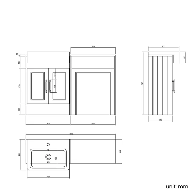 Monaco Inky Blue Basin Vanity and Back To Wall Unit 1200mm (Excludes Pan & Cistern) - Brass Knurled Handles