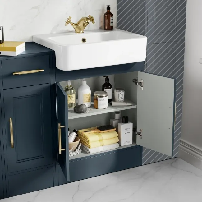 Monaco Inky Blue Basin Vanity and Back To Wall Unit 1500mm (Excludes Pan & Cistern) - Brass Knurled Handles