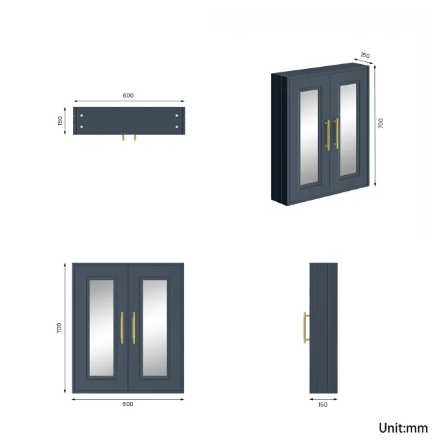Inky Blue Wall Hung Mirror Cabinet 700x600mm - Brass Knurled Handles