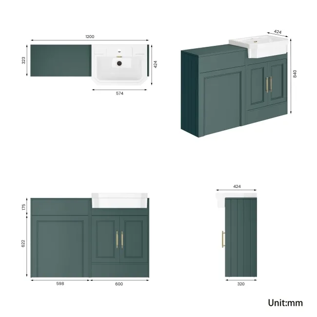 Monaco Midnight Green Traditional Basin Vanity and Back To Wall Unit 1200mm (Excludes Pan & Cistern) - Brass Knurled Handles