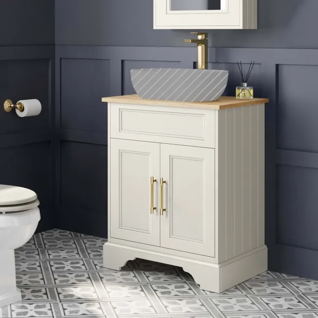 Lucia Chalk White Cabinet with Oak Effect Top 640mm (Excludes Counter Top Basin) - Brass Knurled Handles