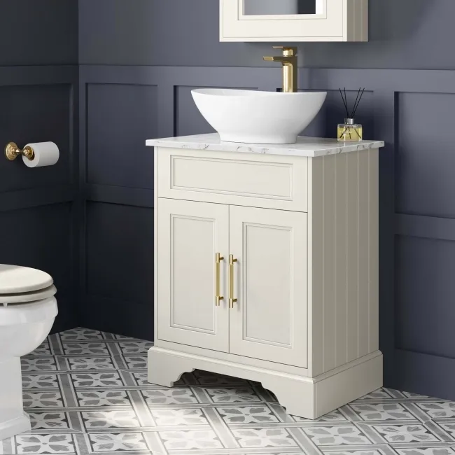 Lucia Chalk White Vanity with Marble Top & Oval Counter Top Basin 640mm - Brass Knurled Handles