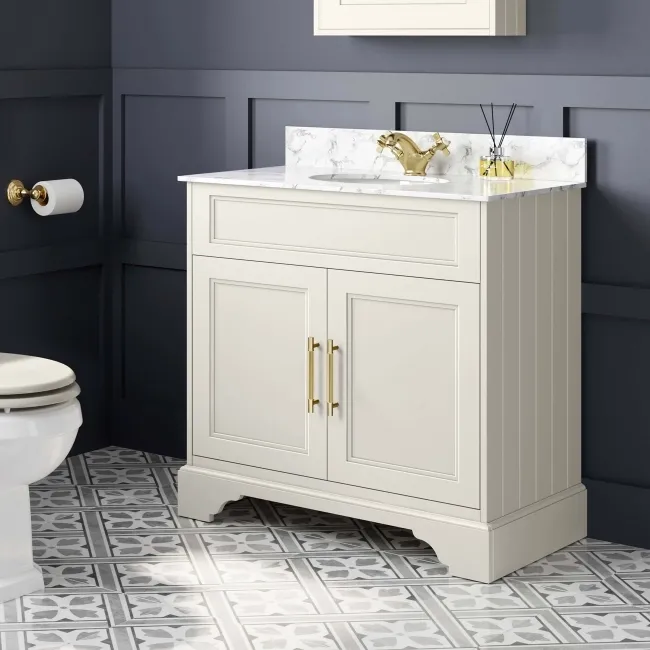 Lucia Chalk White Vanity with Marble Top & Undermount Basin 830mm - Brass Knurled Handles