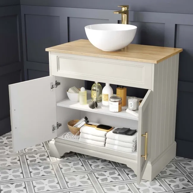 Lucia Chalk White Vanity with Oak Effect Top & Round Counter Top Basin 840mm - Brass Knurled Handles