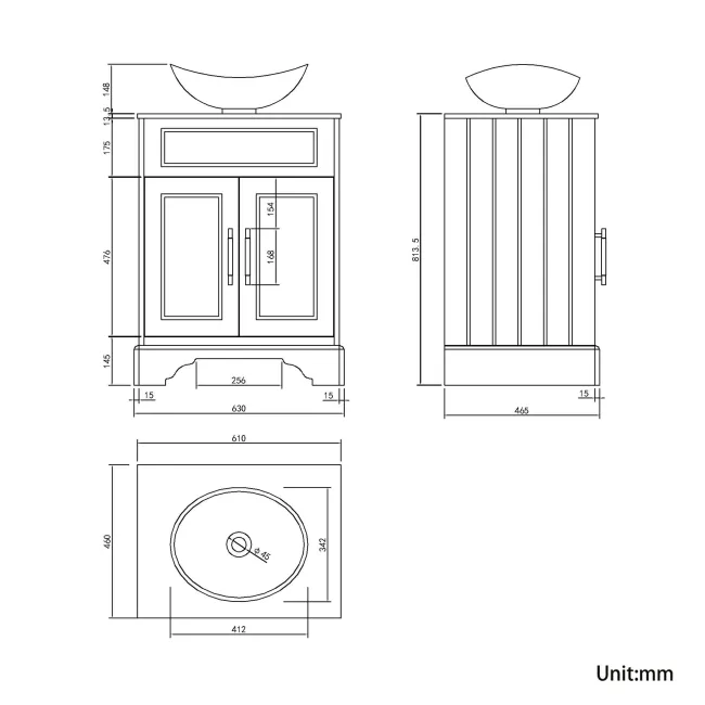 Lucia Graphite Grey Vanity with Marble Top & Oval Counter Top Basin 640mm - Brass Knurled Handles