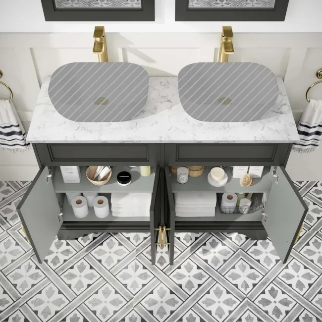 Lucia Graphite Grey Cabinet with Marble Top 1200mm (Excludes Counter Top Basins) - Brass Knurled Handles
