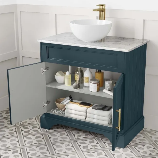 Lucia Inky Blue Vanity with Marble Top & Round Counter Top Basin 840mm - Brass Knurled Handles