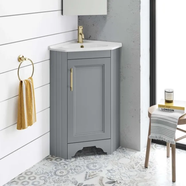 Lucia Dove Grey Corner Basin Vanity 400mm - Brass Knurled Handle