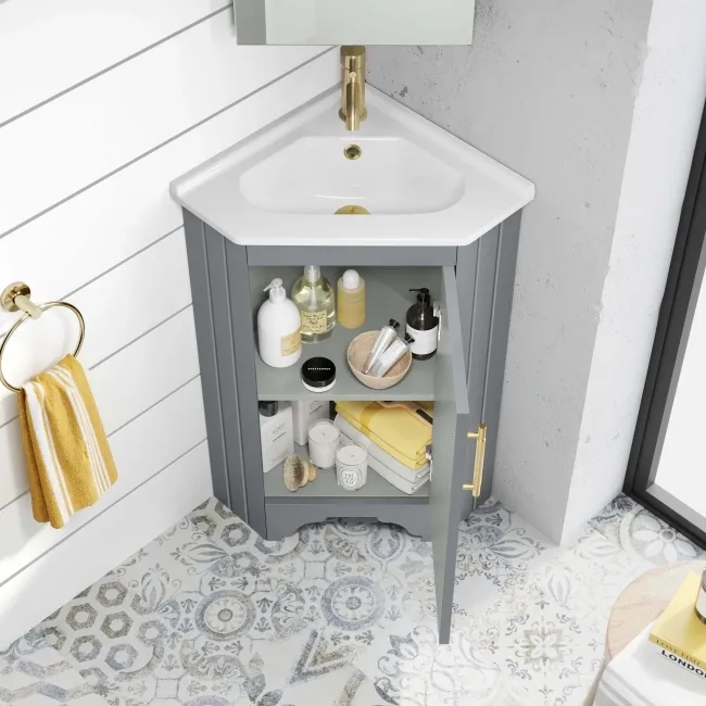 Lucia Dove Grey Corner Basin Vanity 400mm - Brass Knurled Handle