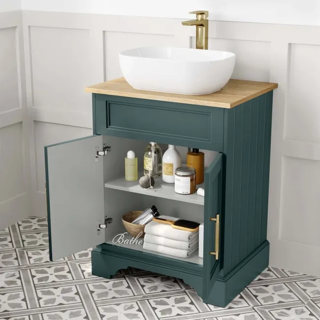 Lucia Midnight Green Vanity with Oak Effect Top & Curved Counter Top Basin 640mm - Brass Knurled Handles
