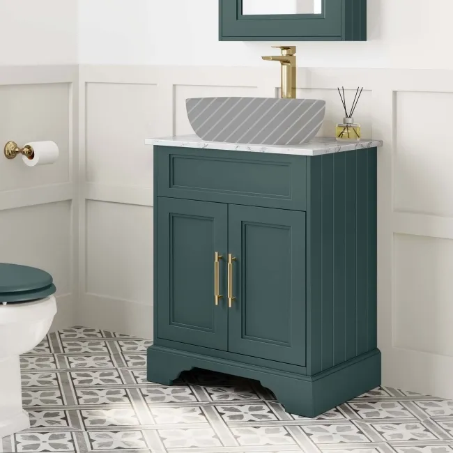 Lucia Midnight Green Cabinet with Marble Top 640mm (Excludes Counter Top Basin) - Brass Knurled Handles