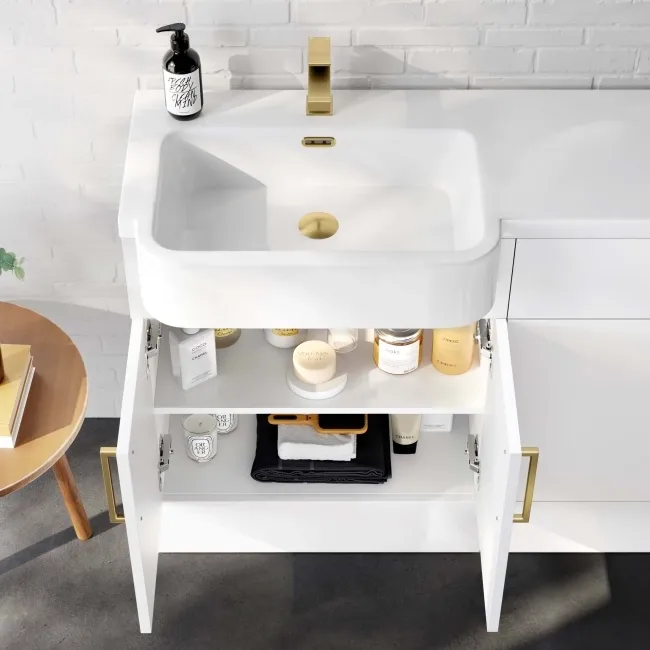 Harper Gloss White Basin Vanity and Back To Wall Toilet Unit 1200mm (Excludes Toilet) - Brushed Brass Accents - Left Handed