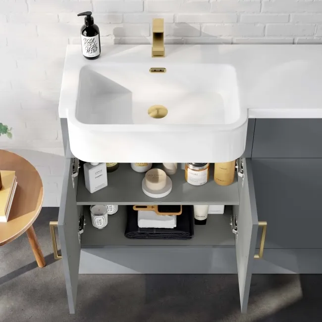 Harper Stone Grey Basin Vanity and Back To Wall Toilet Unit 1200mm (Excludes Toilet) - Brushed Brass Accents - Left Handed