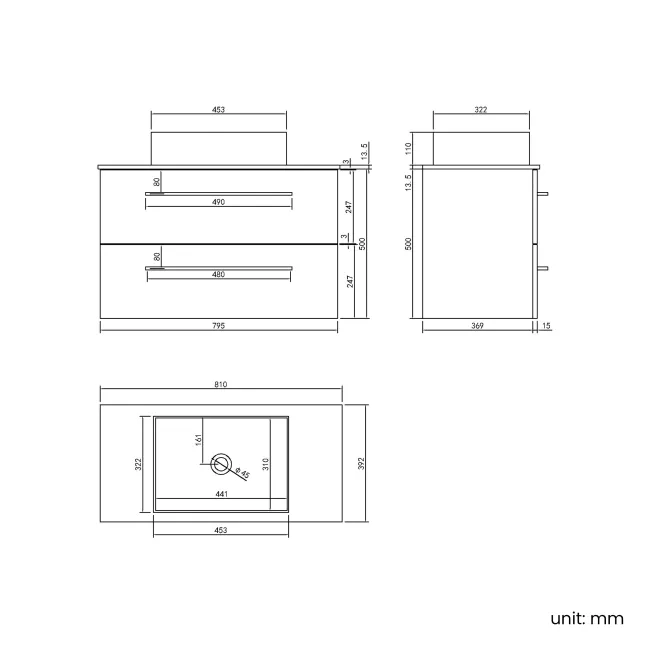Elba Graphite Grey Wall Hung Drawer Vanity with Marble Top & Cody Basin 800mm - Black Accents